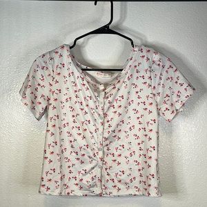 Romwe pink floral button t-shirt.